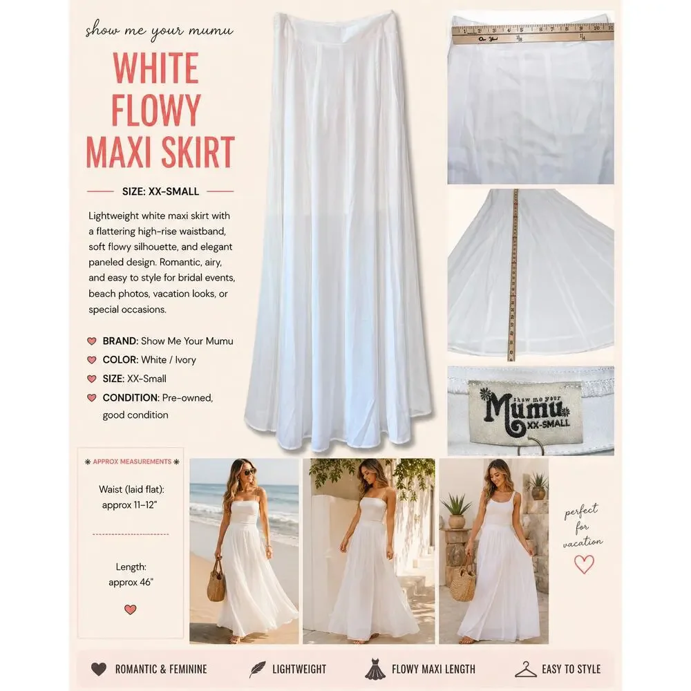 Show Me Your Mumu White Flowy Maxi Skirt XXS High Rise Bridal Vacation